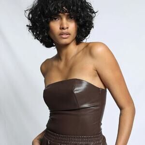 THE RANGE Plush Vegan Leather Bustier Large Chocolate Brown Strapless NWOT